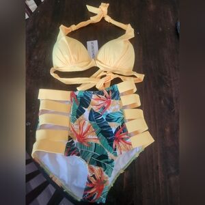 Sporlike High Waisted Yellow Tropical Print Bikini Set